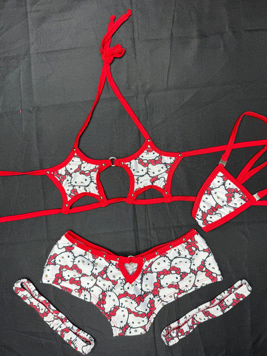 Red/White Kitty Print Spandex Star Top/Mid Rise Shorts Garters Lingerie Outfit