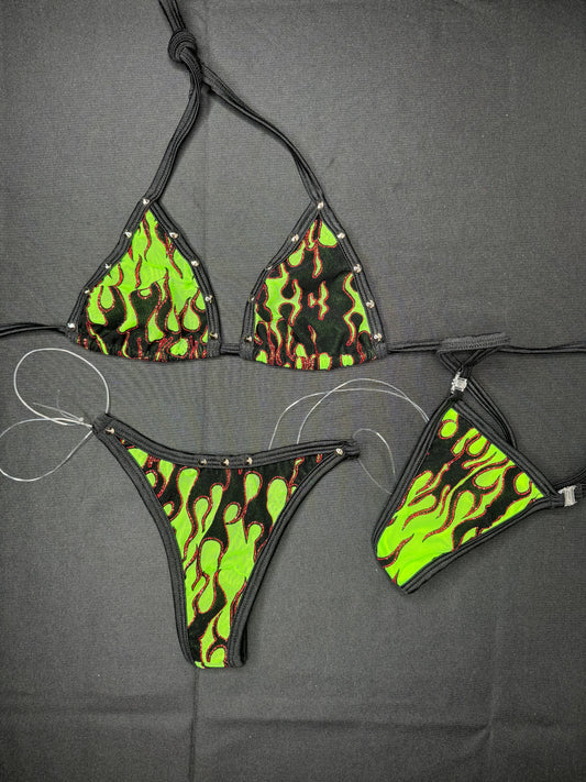 Neon Green Glitter Flame Mesh Two-Piece Bikini Lingerie Outfit