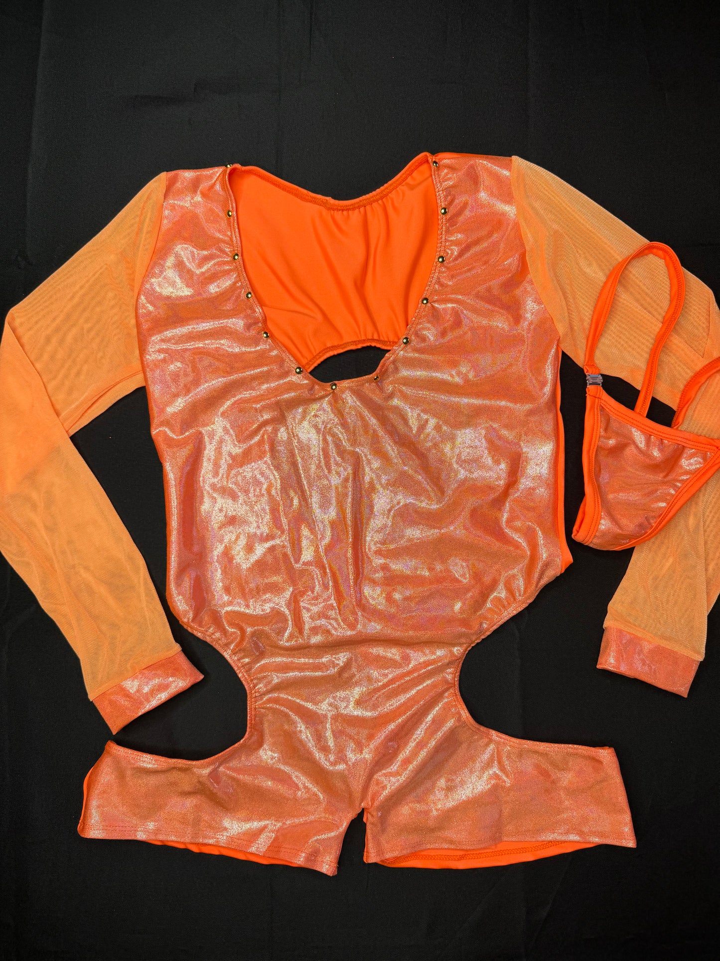 Metallic Orange Spandex/Orange Mesh Romper Lingerie Outfit