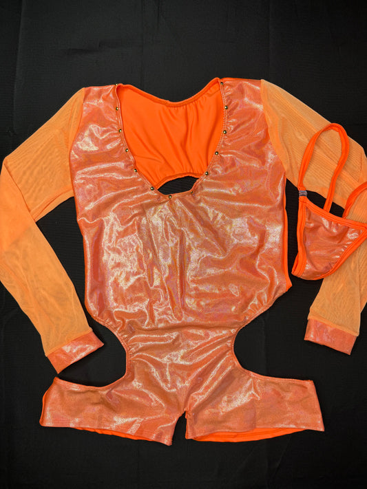 Metallic Orange Spandex/Orange Mesh Romper Lingerie Outfit
