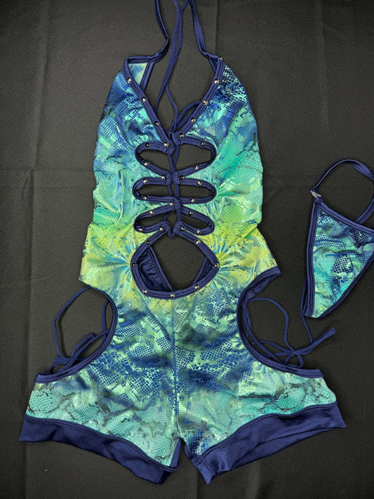 Navy One-Piece Animal Print Exotic Dancer Outfit