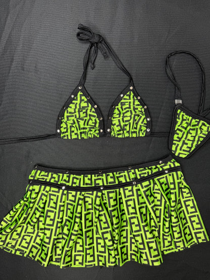 Neon Yellow Designer Bikini Top/Skirt Two-Piece Lingerie Outfit