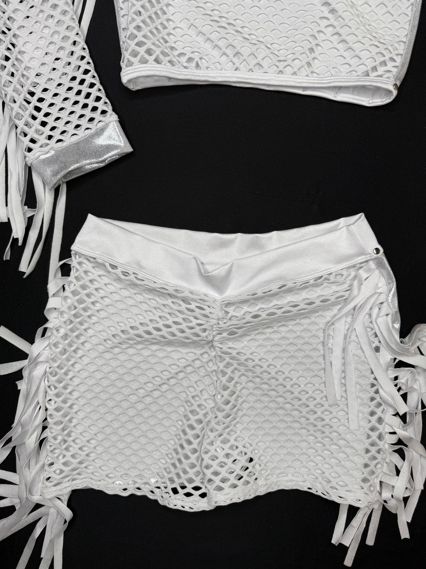 Microdot Silver/White Fringe Single Sleeve/Shorts Two-Piece Lingerie Outfit