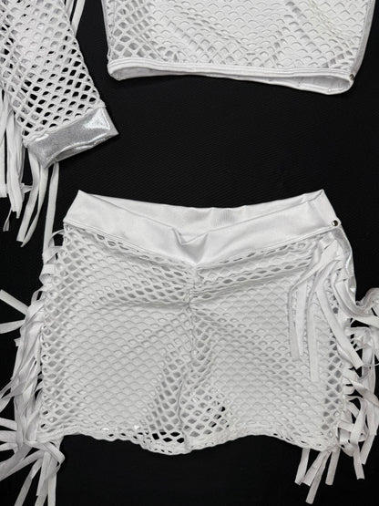 Microdot Silver/White Fringe Single Sleeve/Shorts Two-Piece Lingerie Outfit