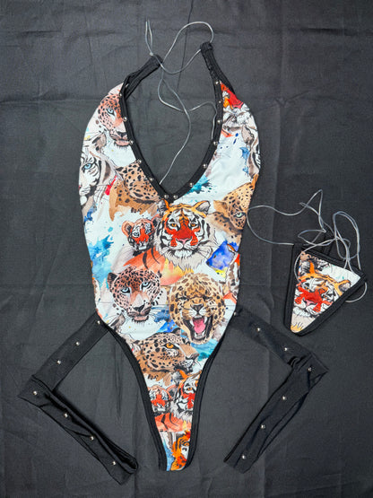 Tiger Animal Print/Black Spandex One-Piece Lingerie Outfit