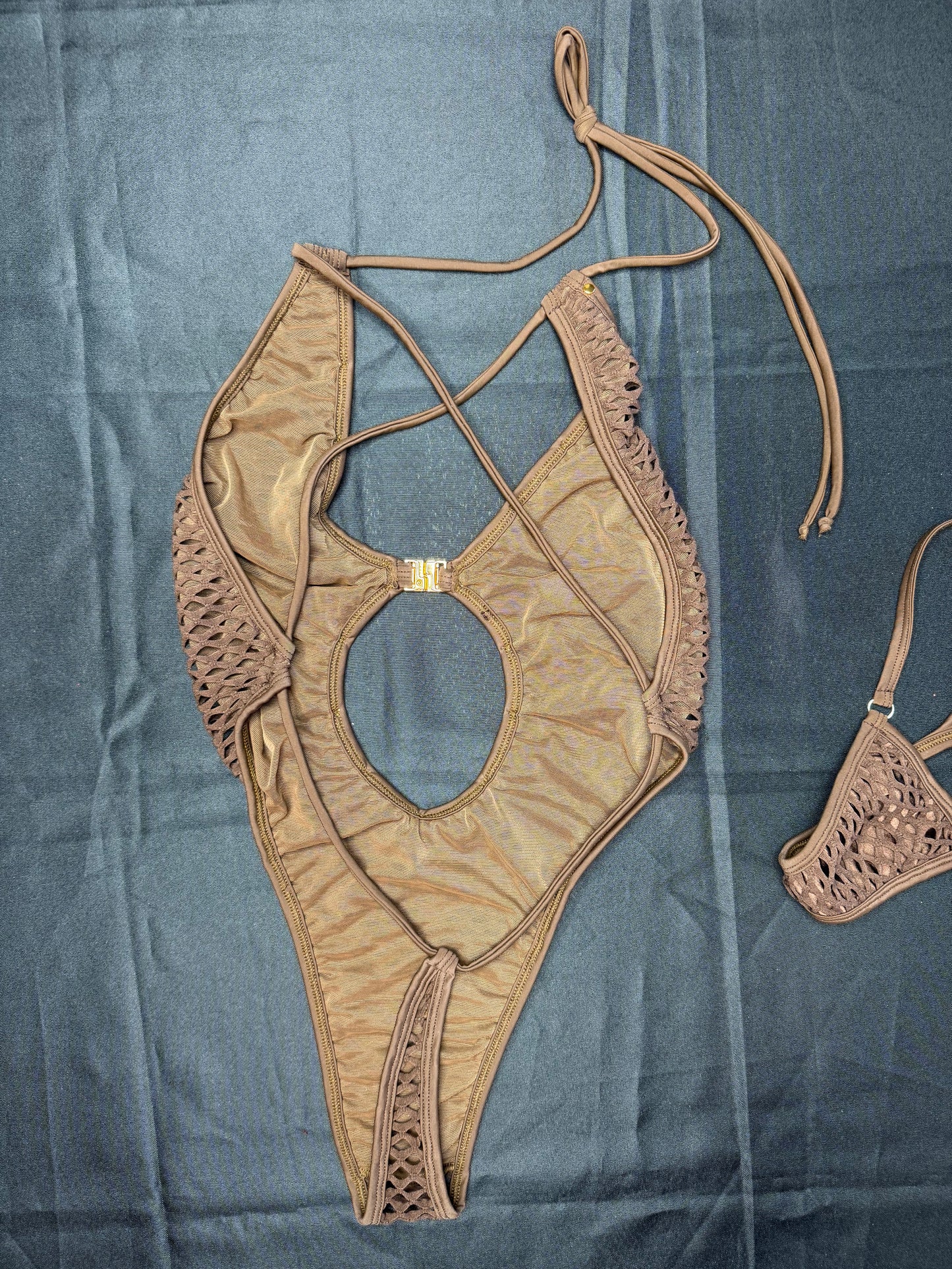 Brown Fishnet Spandex One-Piece Lingerie Outfit