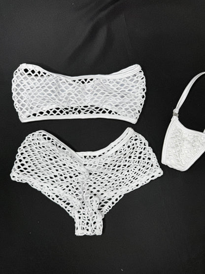 White Fishnet/Mesh Tube Top White Shorts Two-Piece Lingerie Outfit