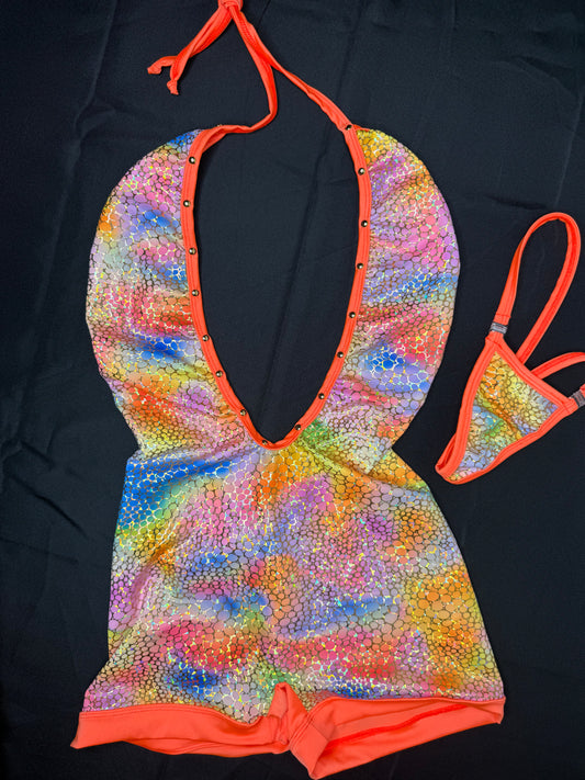 Orange/Multi Color Spandex One-Piece Lingerie Outfit