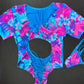 Flower Print/Blue Spandex Short Sleeve One-Piece Leotard Lingerie Outfit