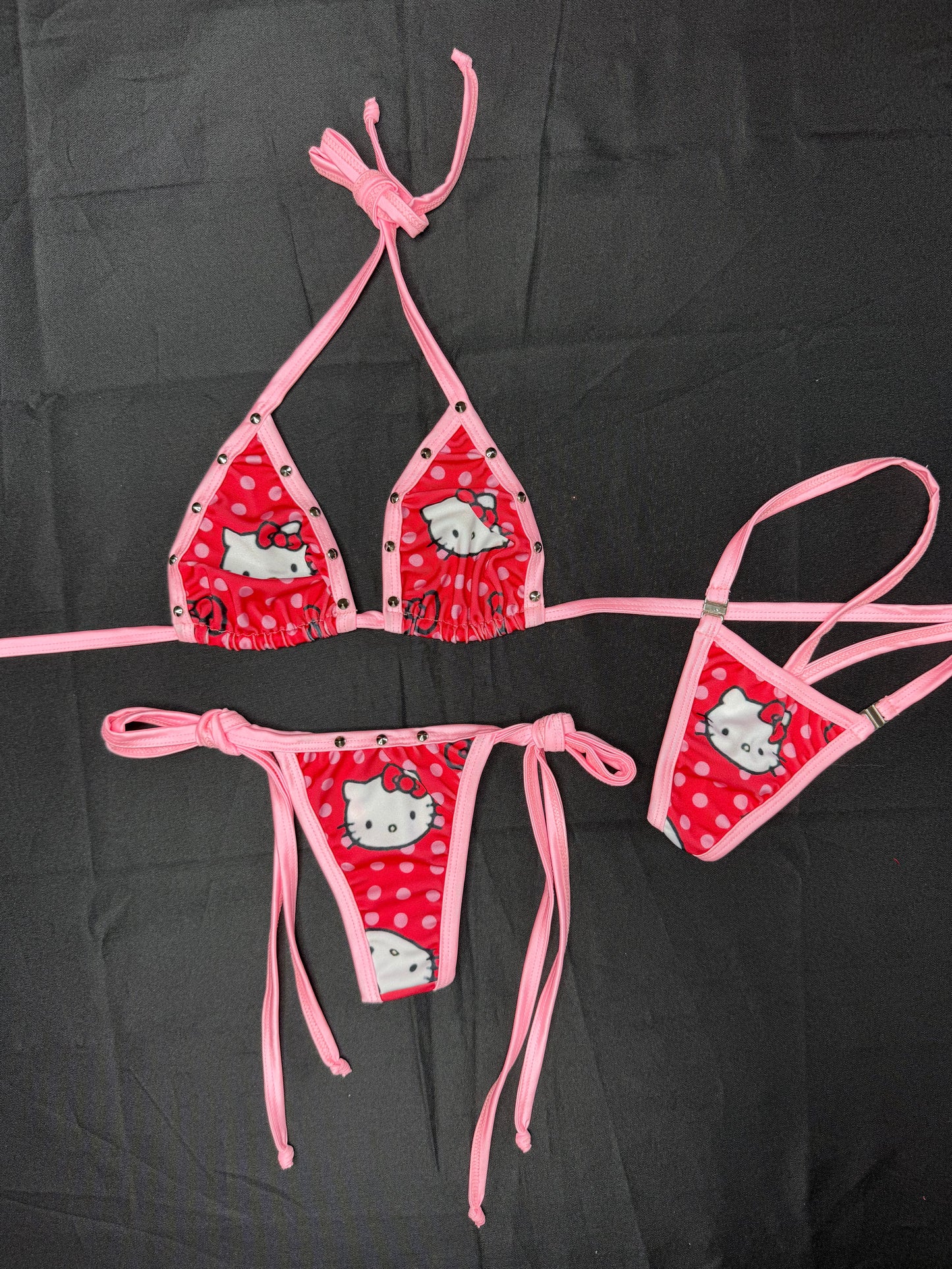Red/Baby Pink Kitty Print Spandex Bikini Top/Side Tie Thong Leg Lingerie Outfit
