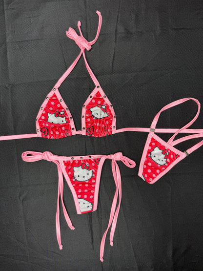 Red/Baby Pink Kitty Print Spandex Bikini Top/Side Tie Thong Leg Lingerie Outfit
