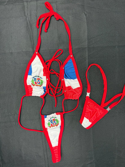 Dominican Print Spandex/Red Spandex One-Piece Sling-Shot Lingerie Outfit