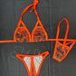 Orange Print Spandex Two-Piece Silicone String Bottoms Bikini Lingerie Outfit
