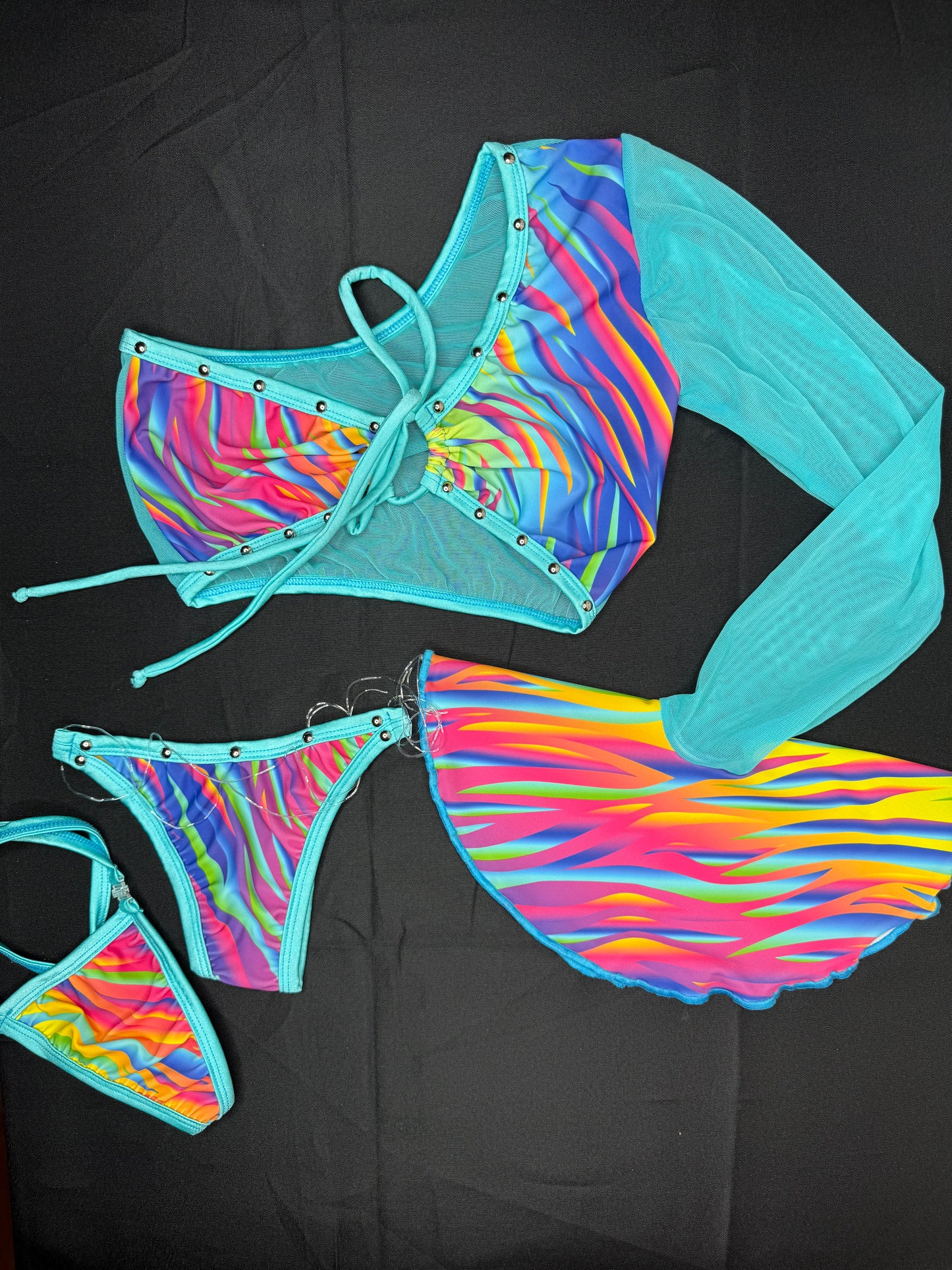 Cyan Mesh Single Sleeve/Muli Color Spandex Two-Piece Lingerie Outfit