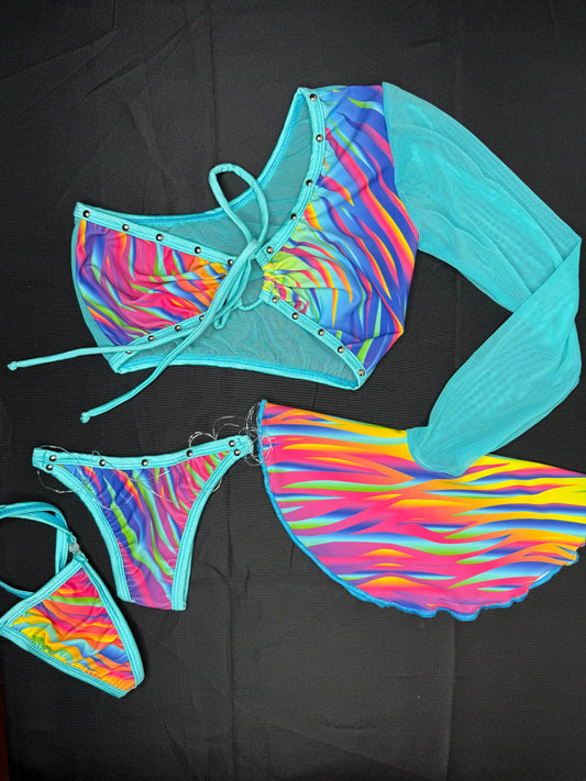 Cyan Mesh Single Sleeve/Muli Color Spandex Two-Piece Lingerie Outfit