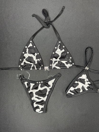 Black Cow Print Two-Piece Bikini Lingerie Outfit