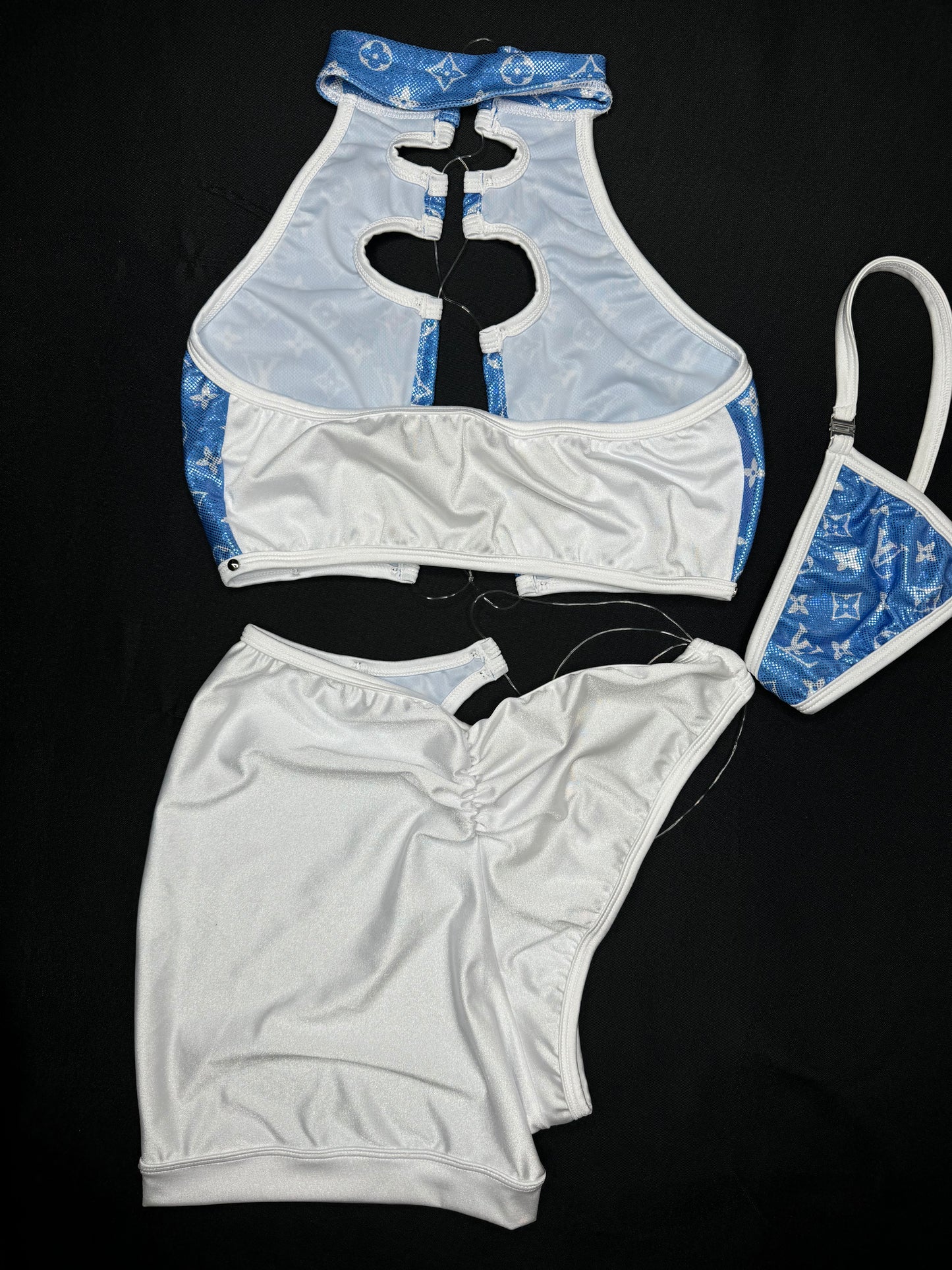 Metallic Baby Blue Two-Piece Silicone String Laced Lingerie Outfit