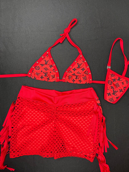 Red Designer Bikini Top/Fringe Shorts Two-Piece Lingerie Outfit