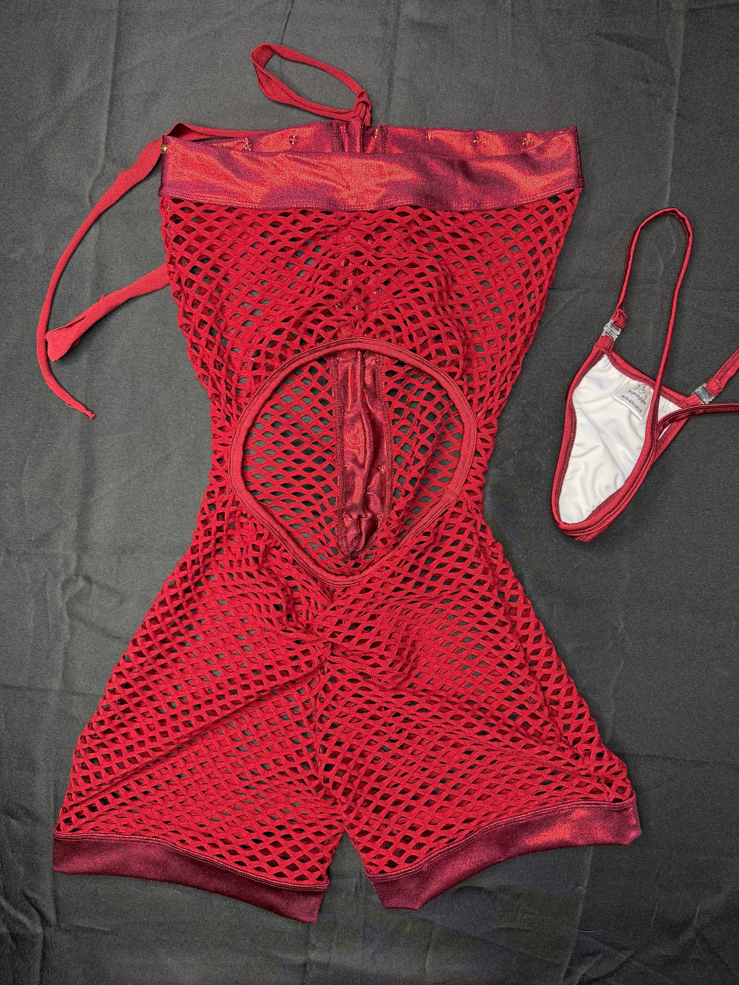 Burgundy Fishnet/Spandex One-Piece Lingerie Outfit