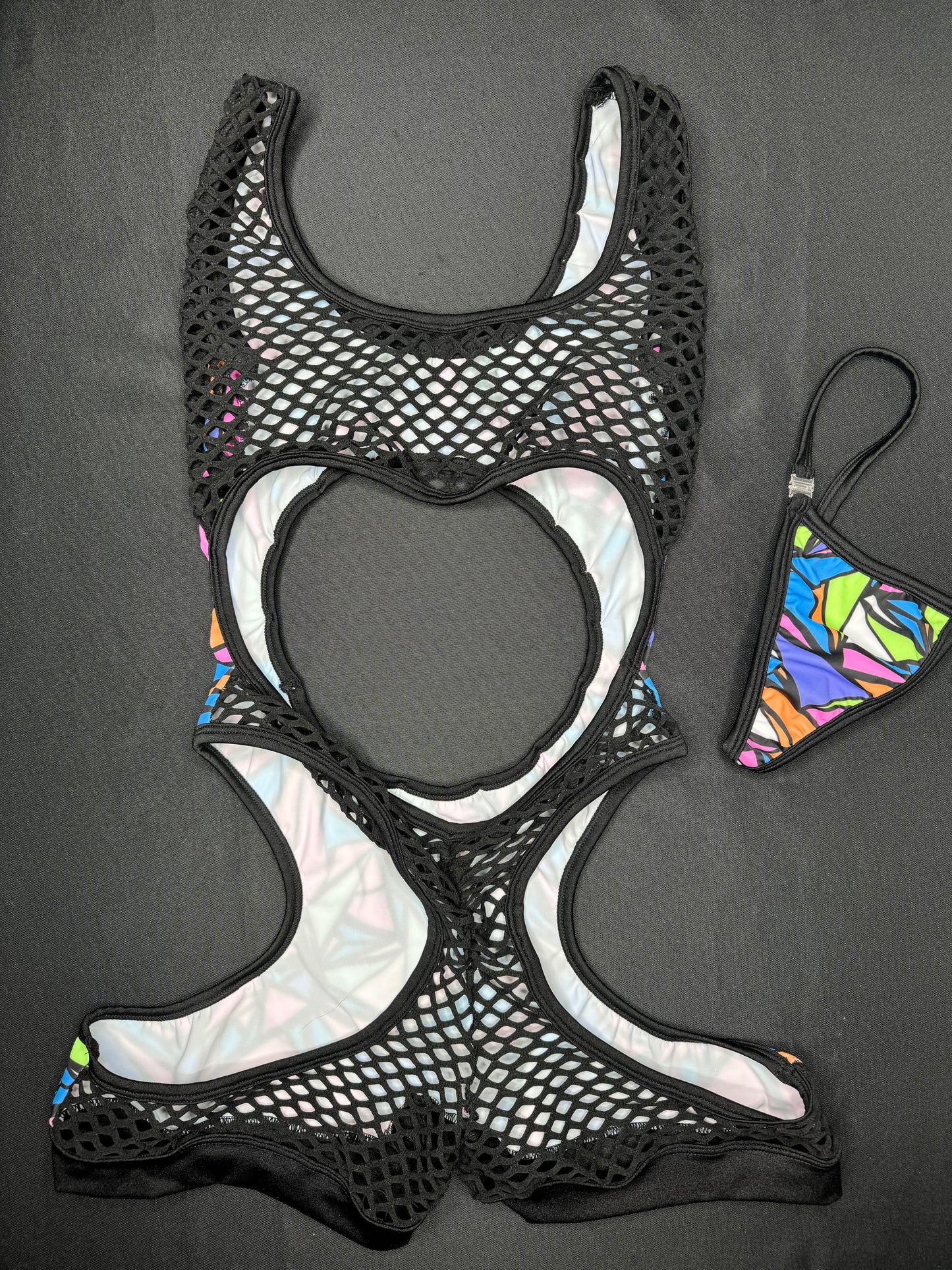 Abstract Multi Color/Black Fishnet Sleeveless Lingerie Romper