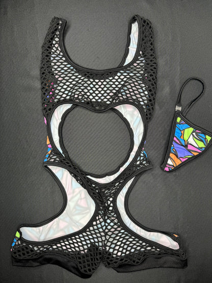 Abstract Multi Color/Black Fishnet Sleeveless Lingerie Romper