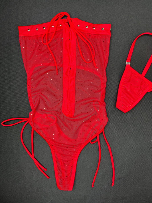 Red Sparkle Mesh One-Piece Lingerie Outfit