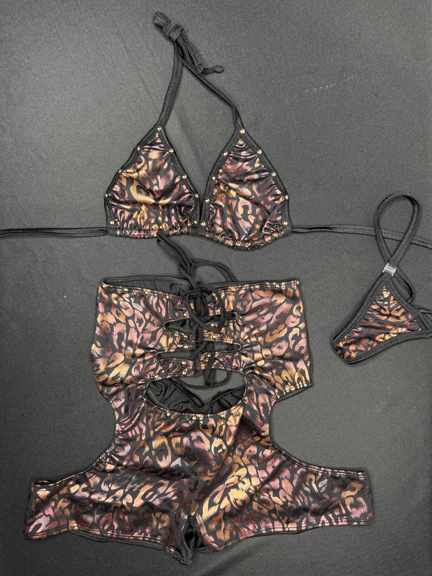 Chocolate/Black Cheetah Animal Print Spandex Two-Piece Bikini Top/Shorts Lingerie Outfit