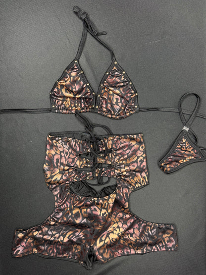 Chocolate/Black Cheetah Animal Print Spandex Two-Piece Bikini Top/Shorts Lingerie Outfit
