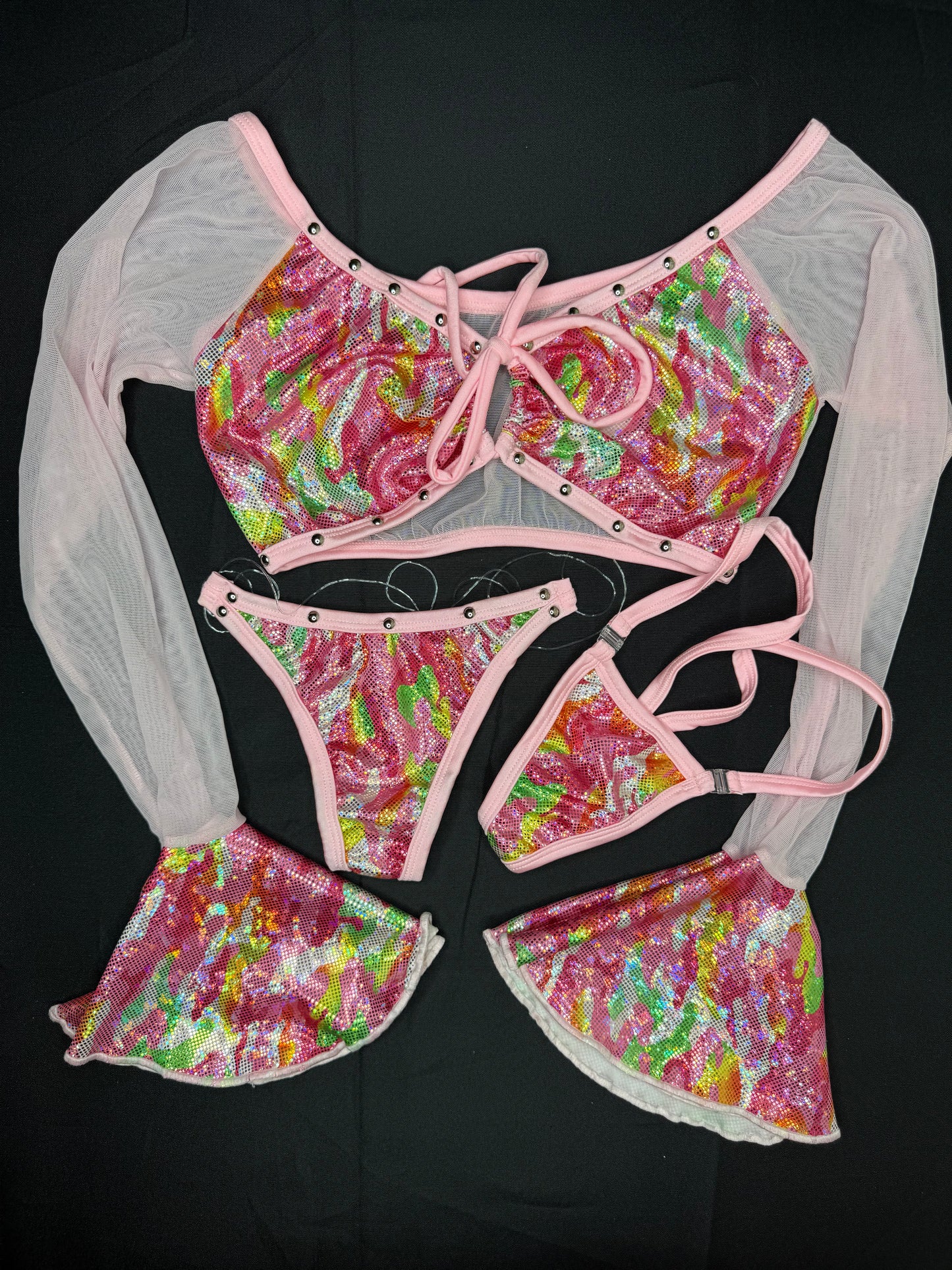 Metallic Pink Camouflage/Baby Pink Mesh Long Sleeve Fringe Two-Piece Lingerie Outfit