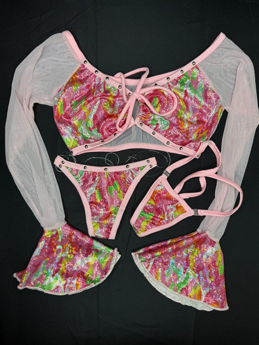 Metallic Pink Camouflage/Baby Pink Mesh Long Sleeve Fringe Two-Piece Lingerie Outfit