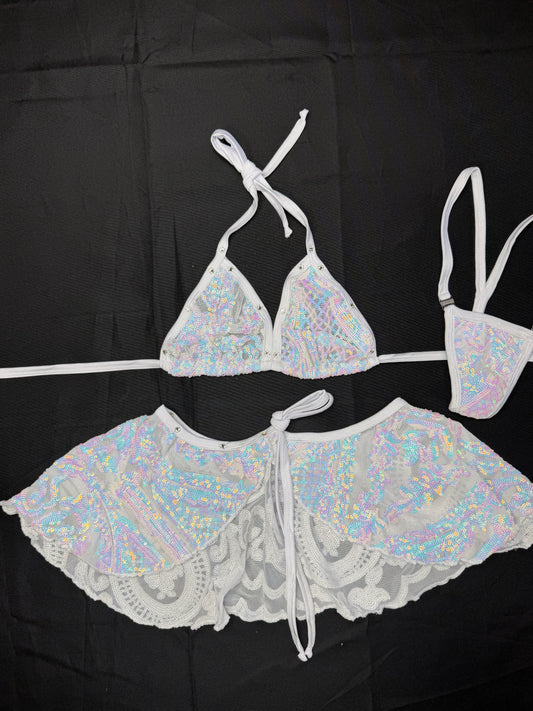 White Holographic Sequins Two-Piece Bikini Top Skirt Lingerie Outfit