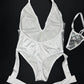White/Silver Plaid Spandex One-Piece Leotard Garter Lingerie Outfit
