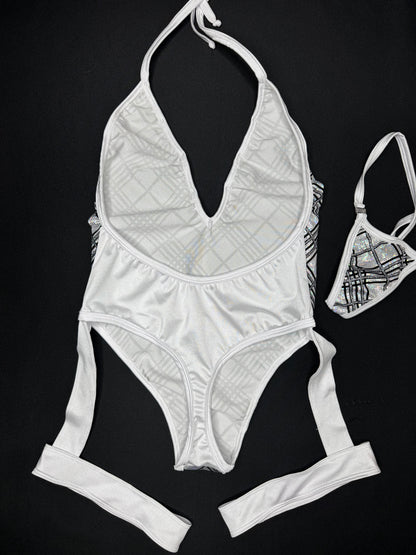 White/Silver Plaid Spandex One-Piece Leotard Garter Lingerie Outfit