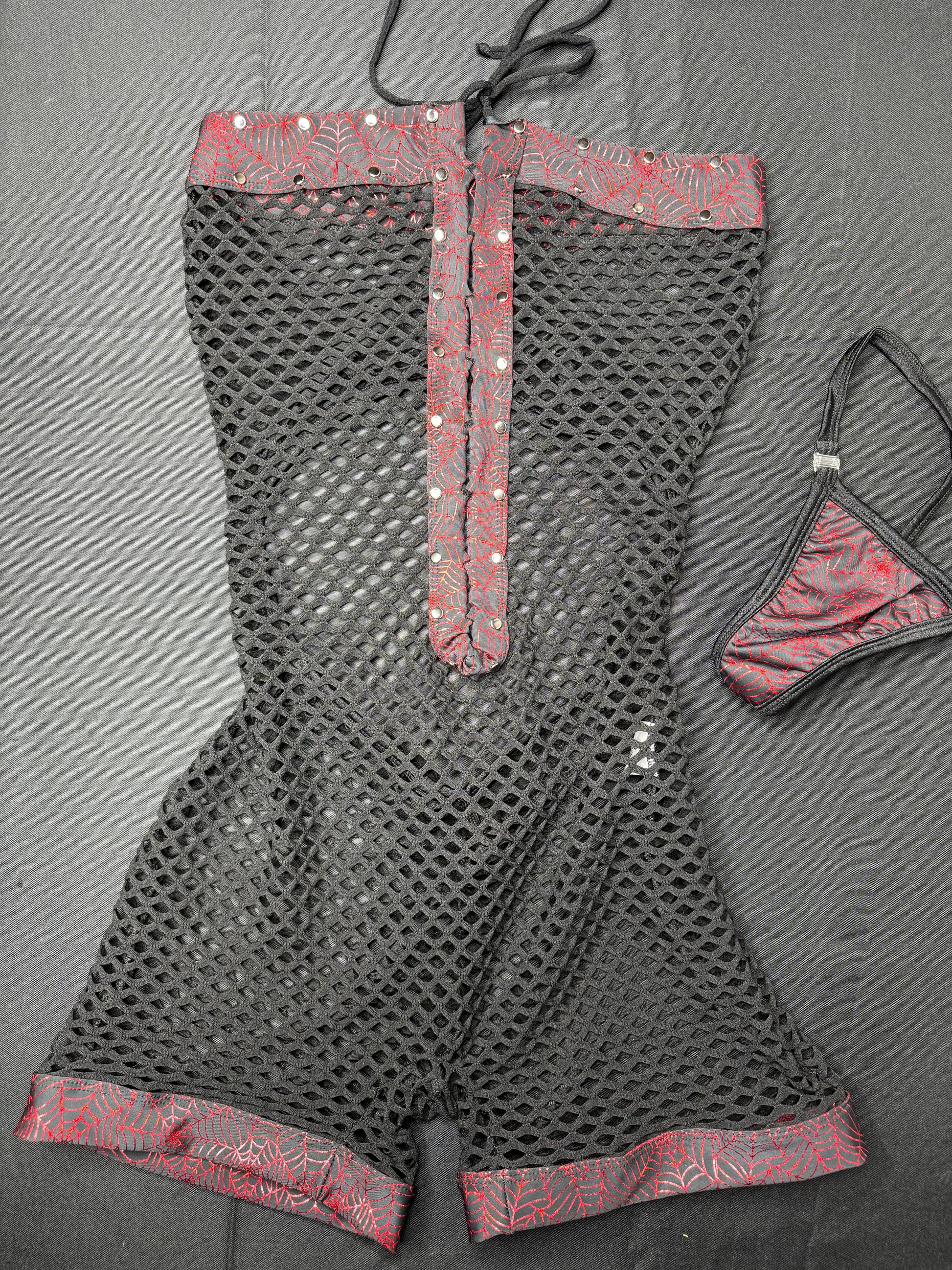 Red Web/Black Fishnet One-Piece Exotic Dancer Outfit