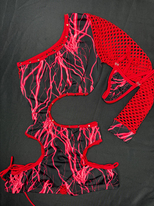 Red Lightning/Red Fishnet Spandex Single Sleeve One-Piece Romper Lingerie Outfit