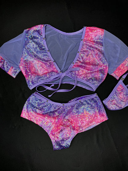 Lavender/Pink Metallic Spandex/Mesh Two-Piece Lingerie Outfit