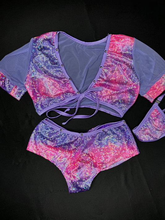 Lavender/Pink Metallic Spandex/Mesh Two-Piece Lingerie Outfit
