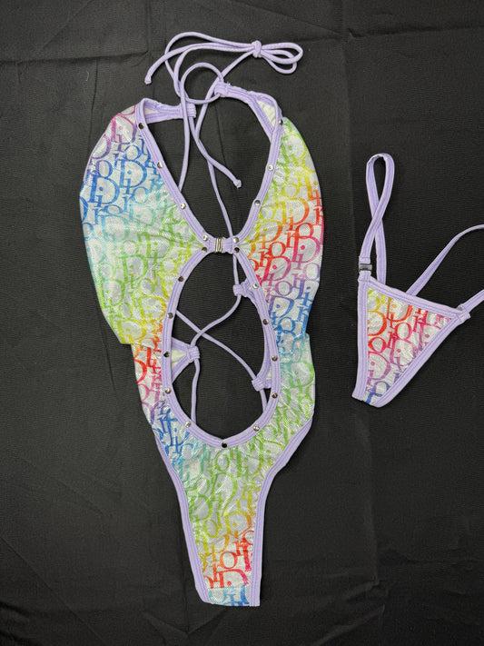 Lavender/Rainbow Designer One-Piece Lingerie Outfit