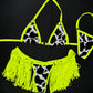 Neon Yellow/Cow Print Fringe Two-Piece Bikini Lingerie Outfit