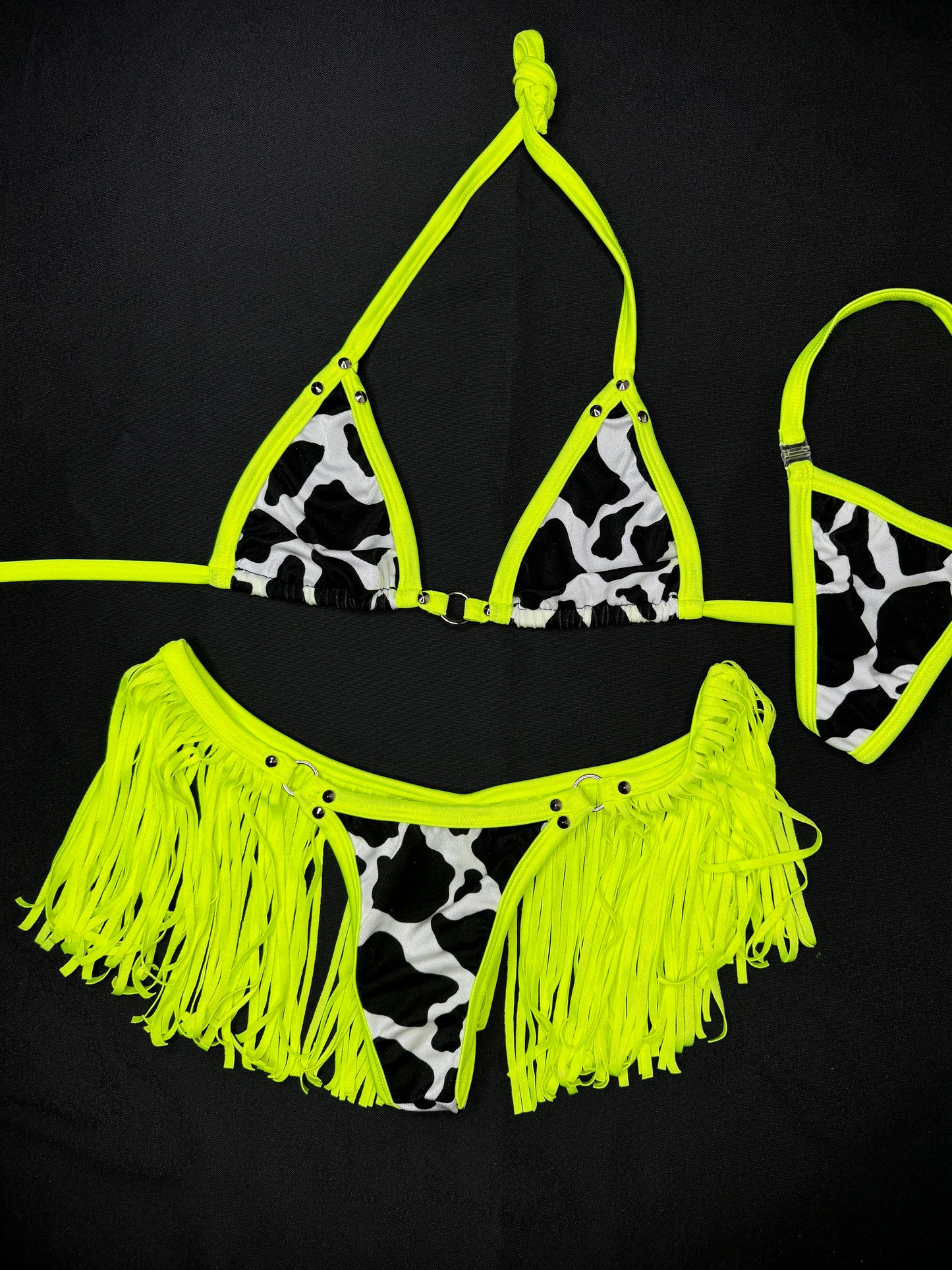 Neon Yellow/Cow Print Fringe Two-Piece Bikini Lingerie Outfit