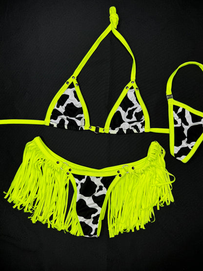 Neon Yellow/Cow Print Fringe Two-Piece Bikini Lingerie Outfit