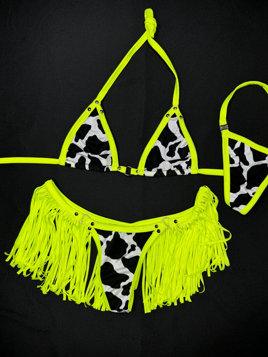 Neon Yellow/Cow Print Fringe Two-Piece Bikini Lingerie Outfit
