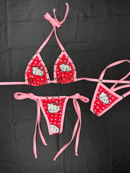 Red/Baby Pink Kitty Print Spandex Bikini Top/Side Tie Thong Leg Lingerie Outfit