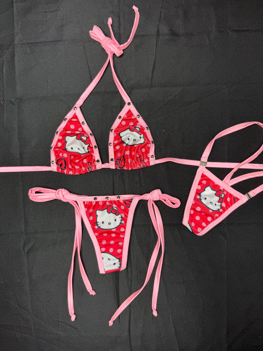Red/Baby Pink Kitty Print Spandex Bikini Top/Side Tie Thong Two-Piece Lingerie Outfit