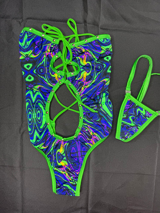 Tie-Dye Lime Green Spandex One-Piece Lingerie Outfit
