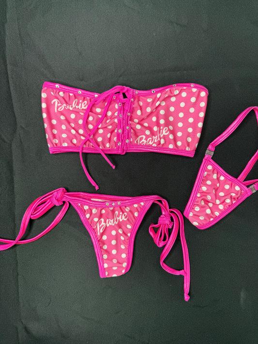 Pink Designer Two-Piece Side-Tie Bikini Lingerie Outfit