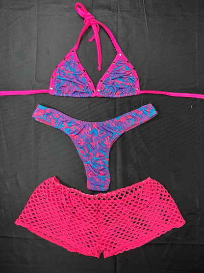 Purple/Pink Spandex Three-Piece Bikini Top/Cheeky Thong/Shorts Lingerie Outfit