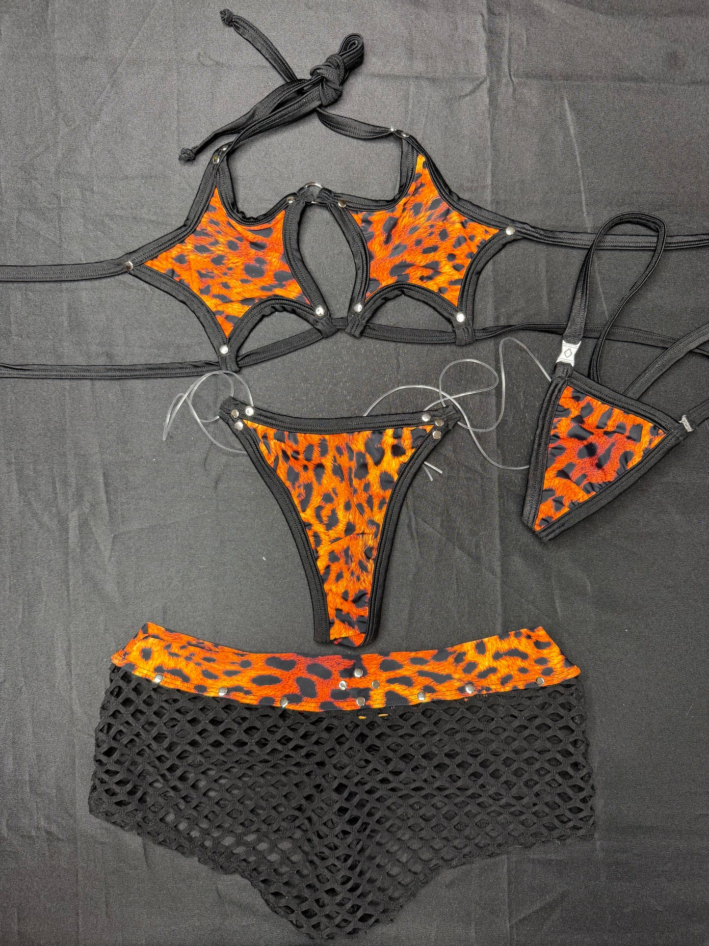 Animal Print/Black Spandex Star Bikini Top/Shorts Three-Piece Lingerie Outfit