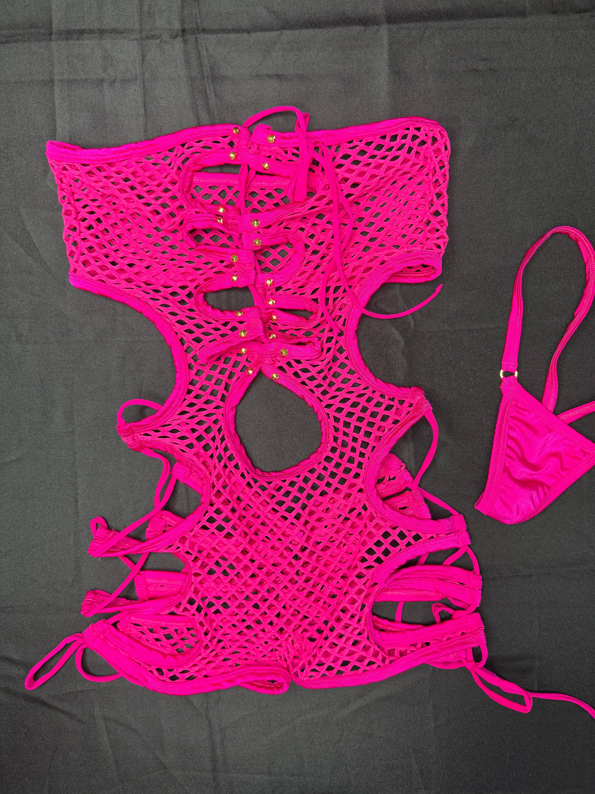 Fuchsia Spandex Fishnet One-Piece Lingerie Outfit
