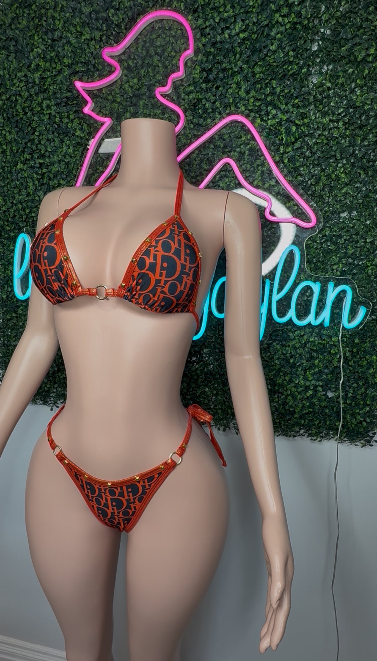 Metallic Red/Designer Spandex Two-Piece Lingerie Outfit